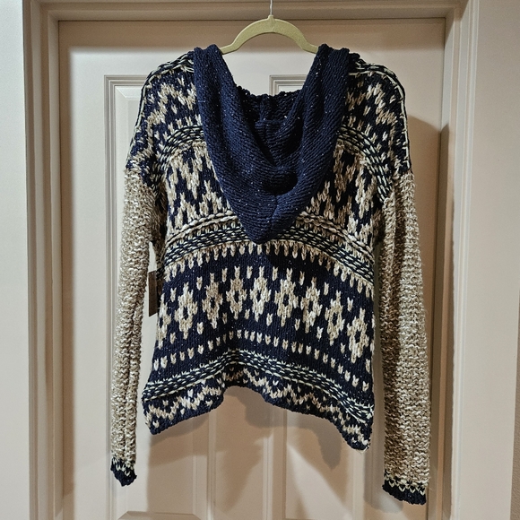 Free People Fairisle Hooded Sweater High Low Hem Oversized XS Navy Cream NWT - Picture 12 of 16